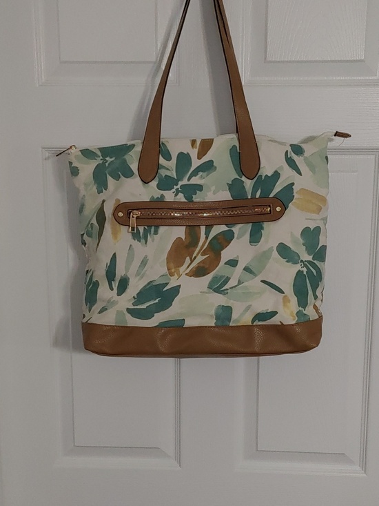 a new day Handbags - a new day Canvas Laptop Bag with Tan Leather & Floral Accents